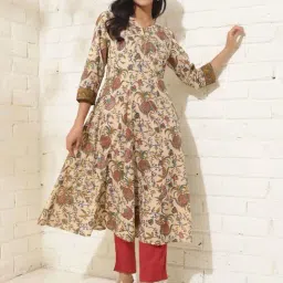 Fabindia Beige Cotton Hand Block Printed Slim Fit Long Kurta image 2