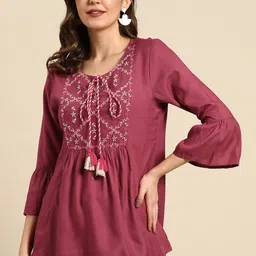 all about you Woven Design Tie-Up Neck Bell Sleeves Kurti with Embroidered Yoke-picture-37