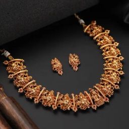 Aatmana Gold-Plated Red Stone-Studded Temple Choker Necklace & Earring Set-picture-9