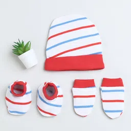 BUMZEE Cotton Striped Coordinating Cap Mittens & Booties Set - White & Red-picture-20