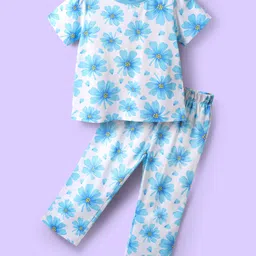 Babyhug Cotton Knit Half Sleeves Night Suit With Floral Print - Blue-picture-16