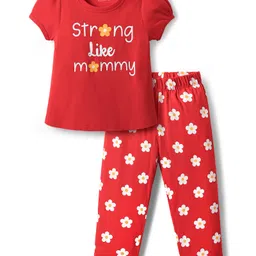 Babyhug Cotton Knit Half Sleeves Night Suit With Floral Print - Red-picture-26