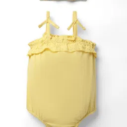 Babyhug 100% Cotton Knit Sleeveless Solid Color Onesie and Hairband with Frill Detailing - Yellow-picture-17