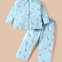Teddy Sinker Knit Full Sleeves Co-Ord Night Suit with Ice Cream Print - Light Blue-picture-39