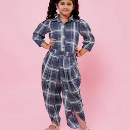 AJ Dezines Cotton Woven Three Fourth Puffed Sleeves Checked Shirt Style Top & Coordinating Dhoti Style Pant Set - Blue-picture-11