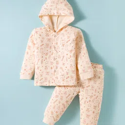 Tango Fleece Knit Full Sleeves Hooded Winter Wear Night Suit With Bow Print - Cream-picture-15