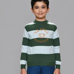 Mi Arcus Full Sleeves Travel Blogger Text Detailed Striped Sweater - Green & Blue image 3