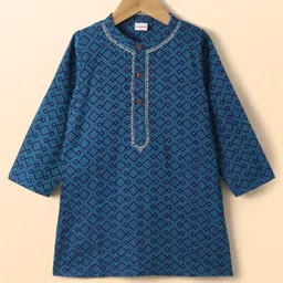 Babyhug Woven Full Sleeves Kurta & Pajama Set With Print & Embroidery - Navy Blue image 2