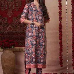 KALINI Paisley Printed Shirt Collar Straight Kurta With Trousers-picture-37