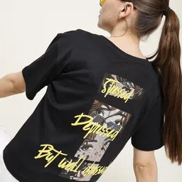 Bene Kleed Women Typography Printed Extended Sleeves Applique Boxy T-shirt-picture-27