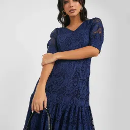 Styli Navy Self Pattern A-Line Dress image 3