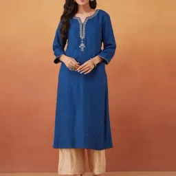 Fabindia Blue Viscose Silk Embroidered Long Kurta-picture-14