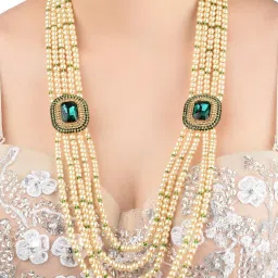 Zaveri Pearls Green Austrian Diamonds Side Brooch Pearls Multi Layer Necklace-ZPFK11377 image 2