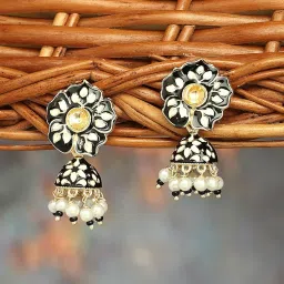Zaveri Pearls Black & White Flower Enamel Ethnic Style Jhumki Earring-ZPFK16471 image 2