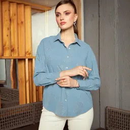 KASSUALLY Sky Blue Printed Oversized Shirt-image-67