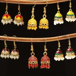 OOMPH Red & Yellow Small Meenakari Jhumki Earrings - Set of 6-image-44