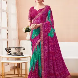 Satrani Magenta & Turquoise Bandhani Saree With Unstitched Blouse-picture-40
