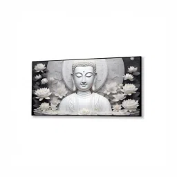 Nestroots White & Grey Canvas Buddha Surrounded By White Flowers Wall Painting - Single Frame image 2
