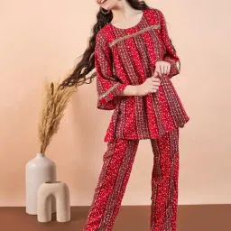 StyloBug Girls Red All over Print Kurti Set-picture-27