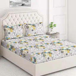 Layers Marigold Yellow Cotton 140 TC King Flat Bed Sheet With 2 Pillow Covers image 2