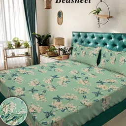 Myntra Elegant Homes Green Printed 350TC King Fitted Bedsheet & 2 Pillow Covers 98" x 88"-picture-36