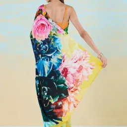 navyasa by liva Yellow & Blue Floral Print Saree With Unstitched Blouse image 2