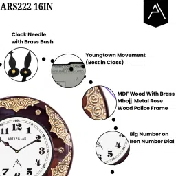 ARTYPILLAR 16In Wooden Frame with Brass Emboss Work and 10In Dome Glass Dial Wall Clock image 3