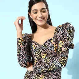 KASSUALLY Women Stylish Black Floral Sweetheart Neck Dress-image-99