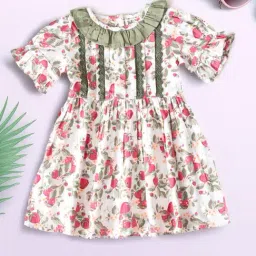 Bella Moda Girls Red Cotton Three Fourth Sleeves Printed Dress-image-3