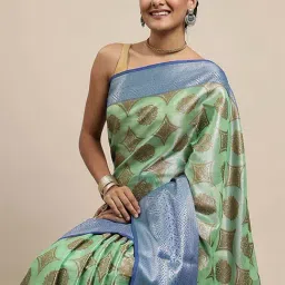 Blissta Green & Blue Woven Saree With Unstitched Blouse image 3