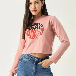 SHOWOFF Peach Graphic Print Crop T-Shirt-image-86