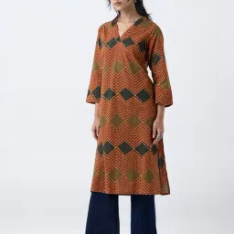 Utsa by Westside Rust Chevron Printed Cotton Straight Kurta-image-73