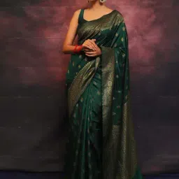 Satrani Dark Green Silk Woven Saree With Unstitched Blouse-image-1
