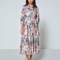 AND Women Abstract Printed Gathered Cuffed Sleeves Fit and Flare Midi Dress-picture-34