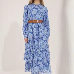 Trendyol Women Abstract Printed Mock Neck Layered Maxi Dress Comes with a belt-picture-44