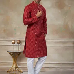 House of Pataudi Ethnic Motifs Embroidered Sequinned Pure Silk Straight Kurta with Pyjama image 4