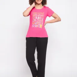 Clovia Pink & Black Cotton Printed T-Shirt With Pyjamas-picture-36