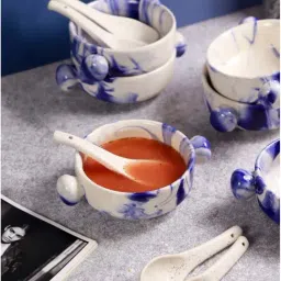 Unravel India Blue Shades Of Earth Ceramic 12Pc Soup Bowl & Spoon Set (0.25 L)-picture-25
