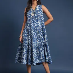 Taavi Indigo Printed Pure Cotton V Neck Dress-picture-38
