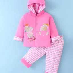 Child World Cotton Knit Full Sleeves Hooded Winter Wear Suit With Teddy & Puppy Friends Applique - Pink-picture-13