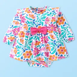 Babyhug 100 % Cotton Knit Full Sleeves Frock Style Onesie Floral Print With Bow Applique-Multicolor-picture-35