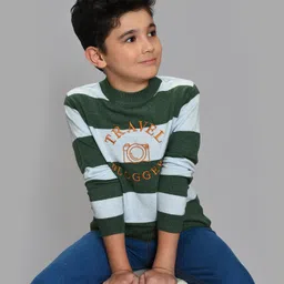 Mi Arcus Full Sleeves Travel Blogger Text Detailed Striped Sweater - Green & Blue-picture-39