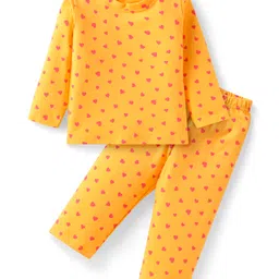 Babyhug Cotton Knit Full Sleeves Night Suit with Hearts Print - Yellow-image-50