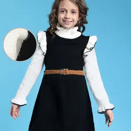 Hola Bonita Knitted Full Sleeves Textured Fabric Sweater Dress With Belt - Black & White-picture-27