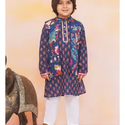 KID1 Cotton Woven Full Sleeves Floral Printed Lace Embellished Kurta Pyjama With Jacket - Navy Blue image 1