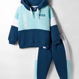 Teddy Fleece Knit Full Sleeves Winter Wear Hooded T-Shirt & Lounge Pant Set With Text Print - Light Blue image 1
