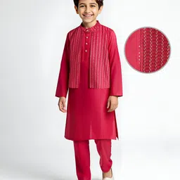EARTHY TOUCH Cotton Woven Full Sleeves Solid Kurta Pyjama Set with Sequined & Embroided Nehru Jacket - Maroon-picture-30