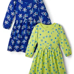 Honeyhap Premium 100% Cotton Knit Full Sleeves Frocks With Bio Finish & Floral Print Pack Of 2 - Limoges & Sunny Lime-picture-13