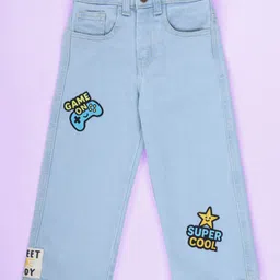 Kiddopanti Denim Woven Super Cool Text Patch Detailed Straight Fit Half Waist Elasticated Jeans - Light Blue-image-83