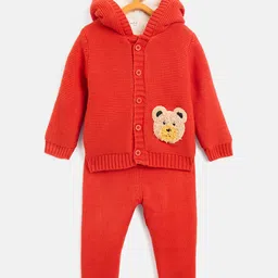 JWAAQ Cotton Knit Full Sleeves Teddy Bear Embroidered Hooded Sweater With Pant Set - Orange-picture-25
